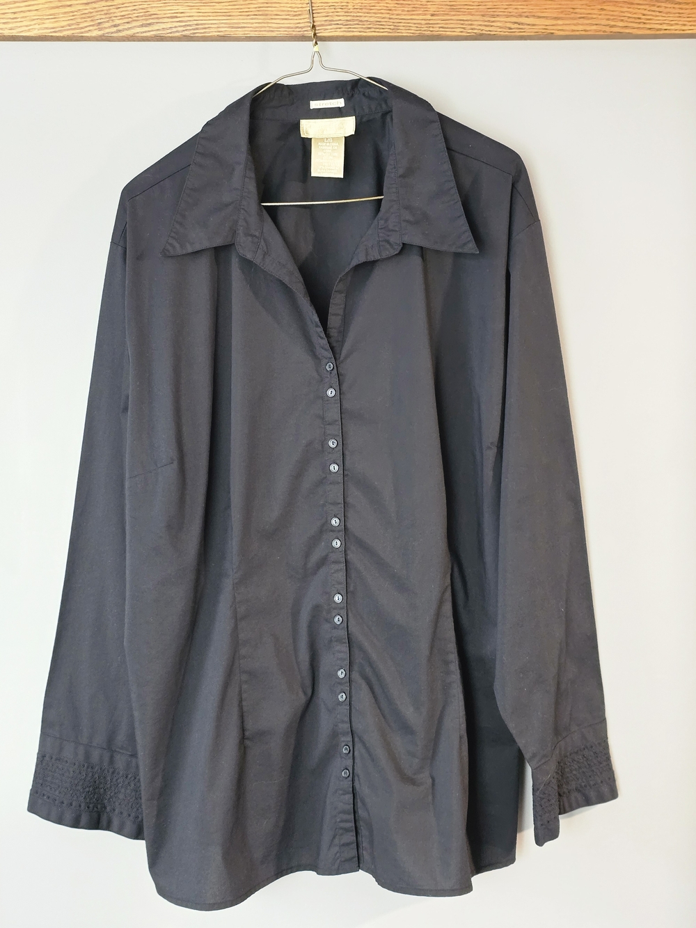 Plus Size Large. Classic Black Button-Front Blouse With Stretch.